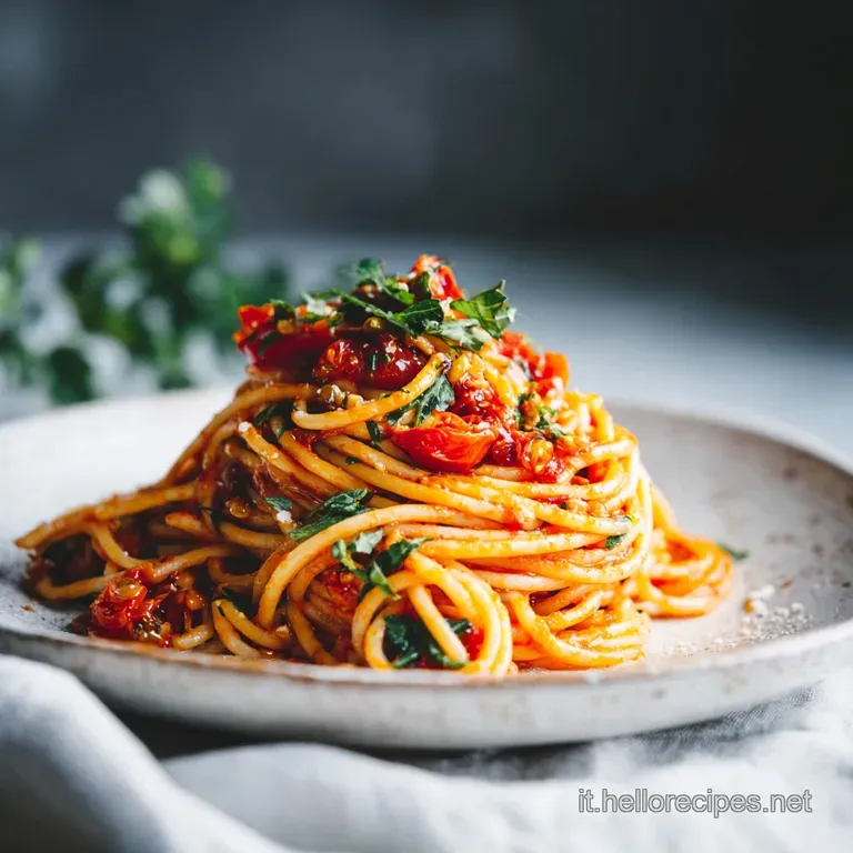 Perfectly twirled pasta with rich tomato sauce, artfully plated and garnished with basil, conveying simple elegance.