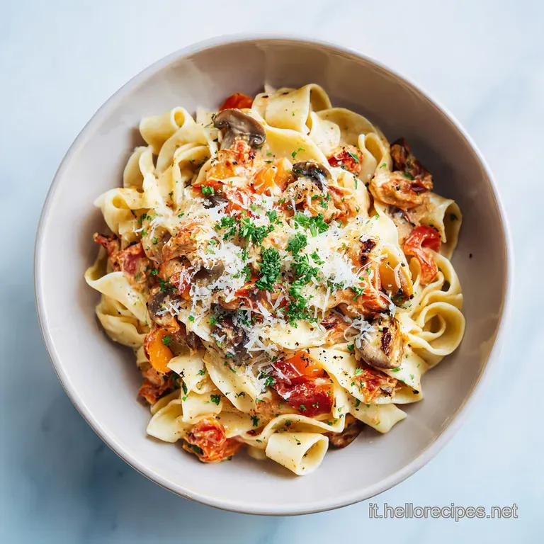 Elegant plate of rigatoni, glistening with sauce. Topped with a generous grating of Pecorino Romano and a cracked egg yolk.