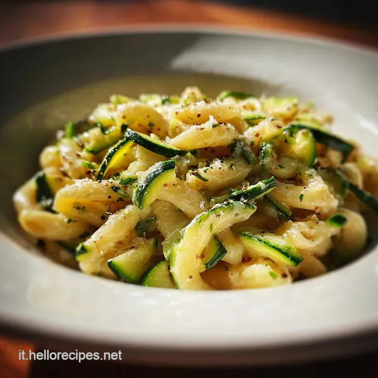 Elegant plate of swirling pasta, dotted with softened zucchini and fresh basil. A drizzle of olive oil glistens in the light.