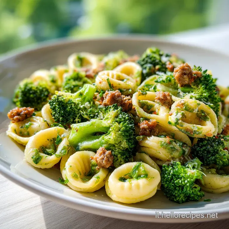 Pasta avvolta elegantemente, guarnita con broccoli verdi, salsiccia croccante e una spolverata di formaggio bianco grattug...