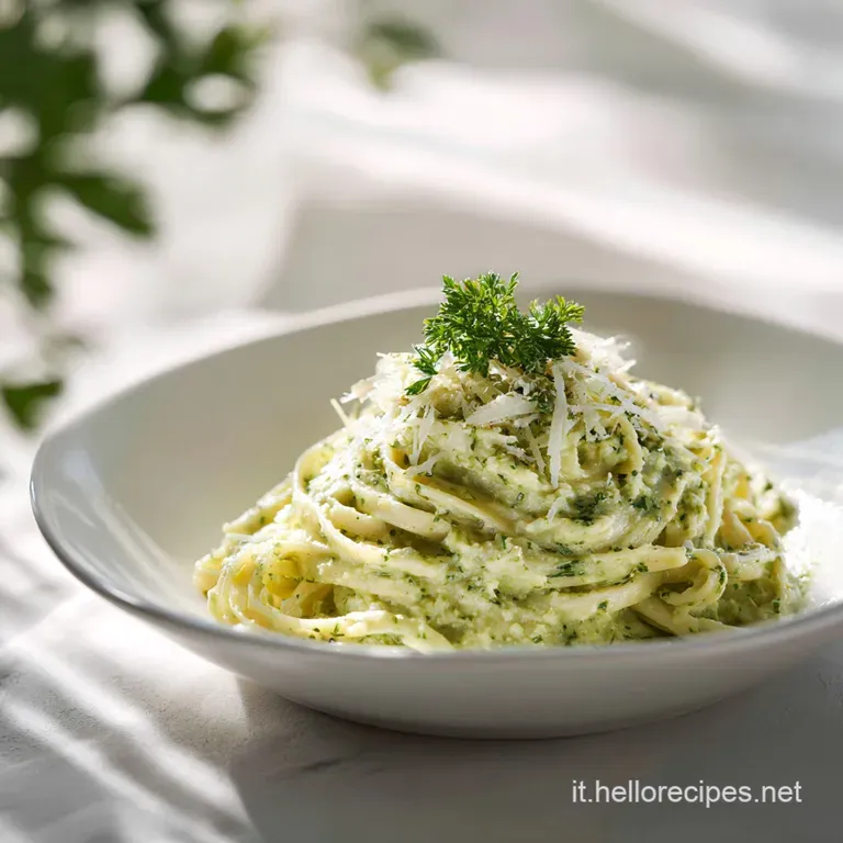 Elegant swirl of creamy cauliflower pasta in a white bowl, garnished with herbs. Steaming, inviting warmth in every bite.