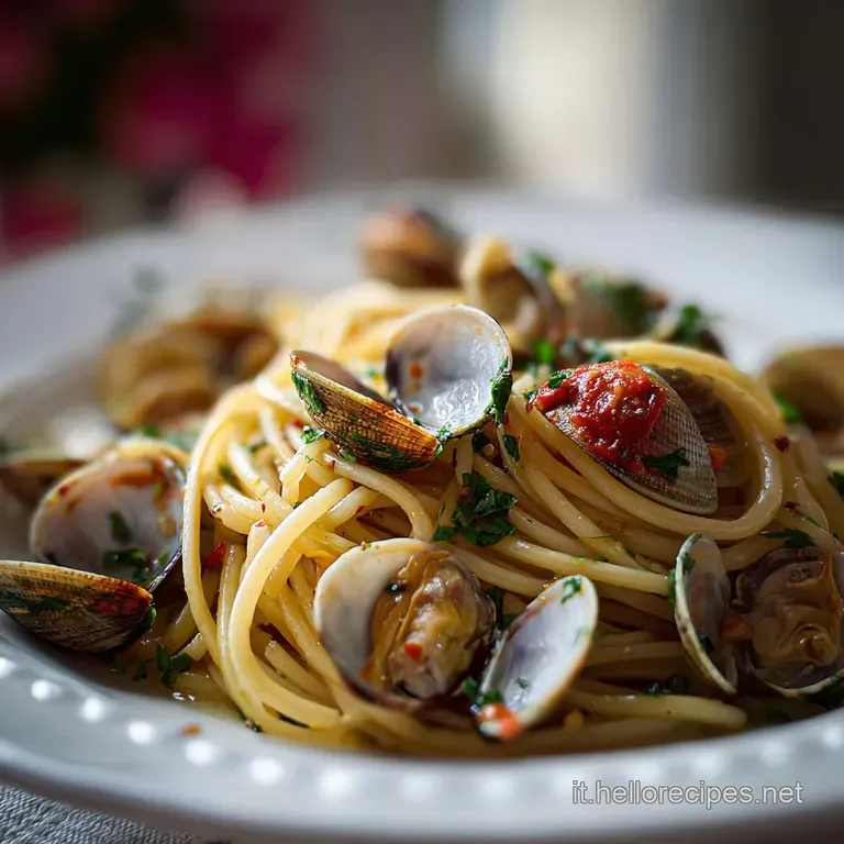 Perfectly twirled pasta with plump clams, a drizzle of olive oil, and vibrant parsley sprigs, presented on a white plate.