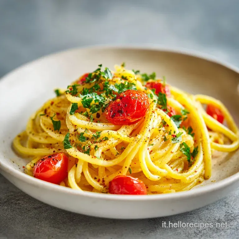 Elegant bowl of Pasta e Patate: creamy pasta with potatoes, smoky provola strands, and vibrant green basil, ready to be sa...
