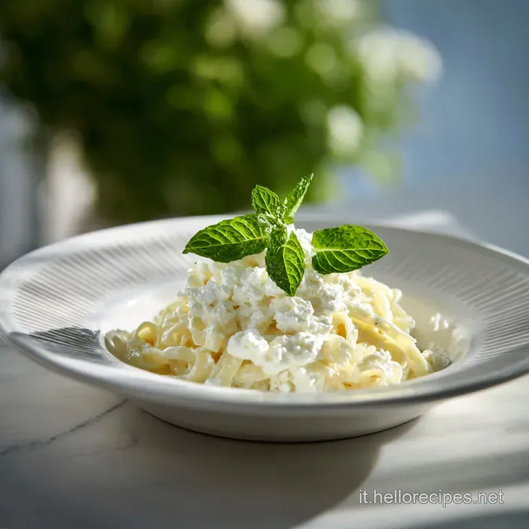 Elegant plated pasta: Creamy ricotta clinging to al dente pasta, bright green basil, and a swirl of olive oil on a white d...