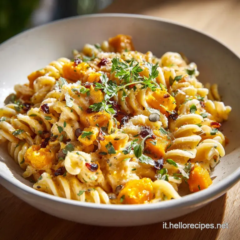 Elegant plate of creamy pumpkin pasta. Garnished with fried sage, toasted pumpkin seeds, and a drizzle of olive oil.