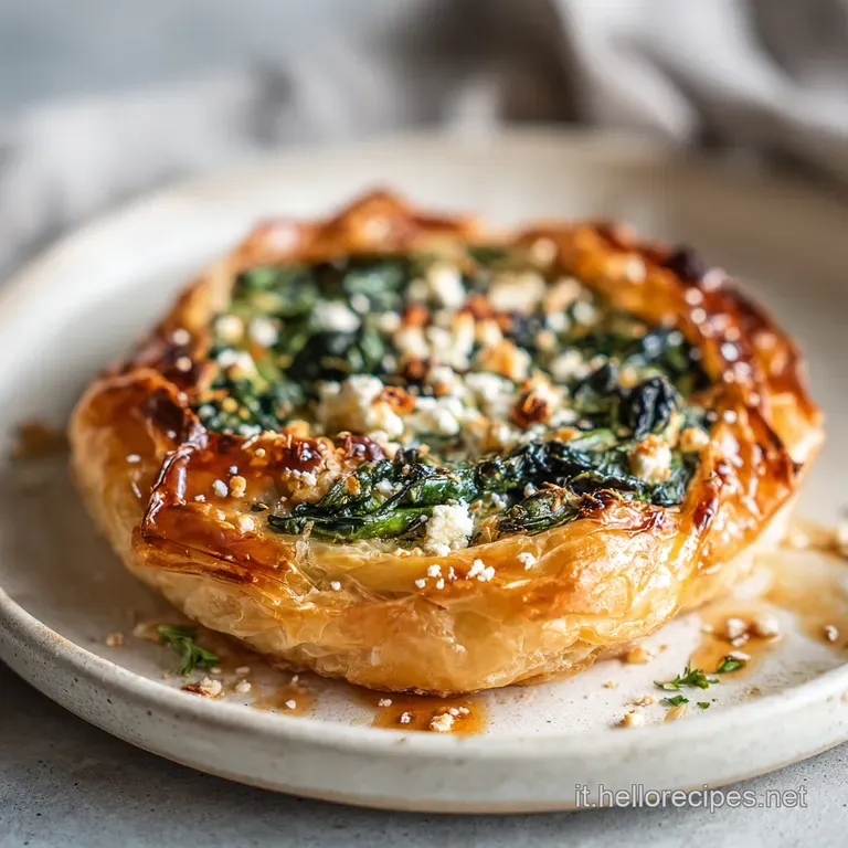 A neat slice of golden filo pie boasts layers of flaky crust and a rich, creamy filling on a white plate. Elegant and appe...