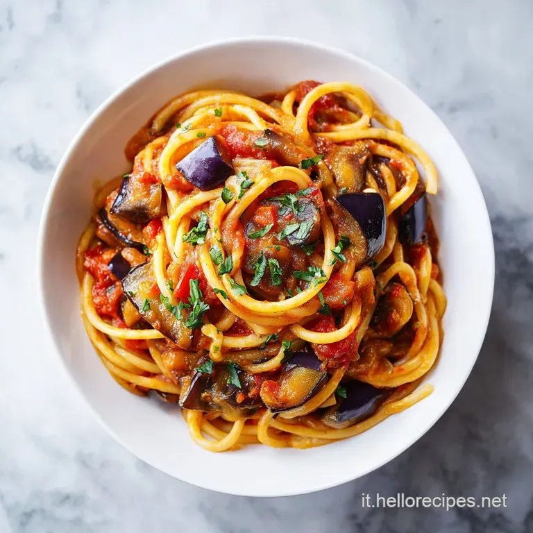 A vibrant swirl of chilled pasta adorned with fried eggplant, dollops of creamy ricotta, and a scattering of fresh basil l...