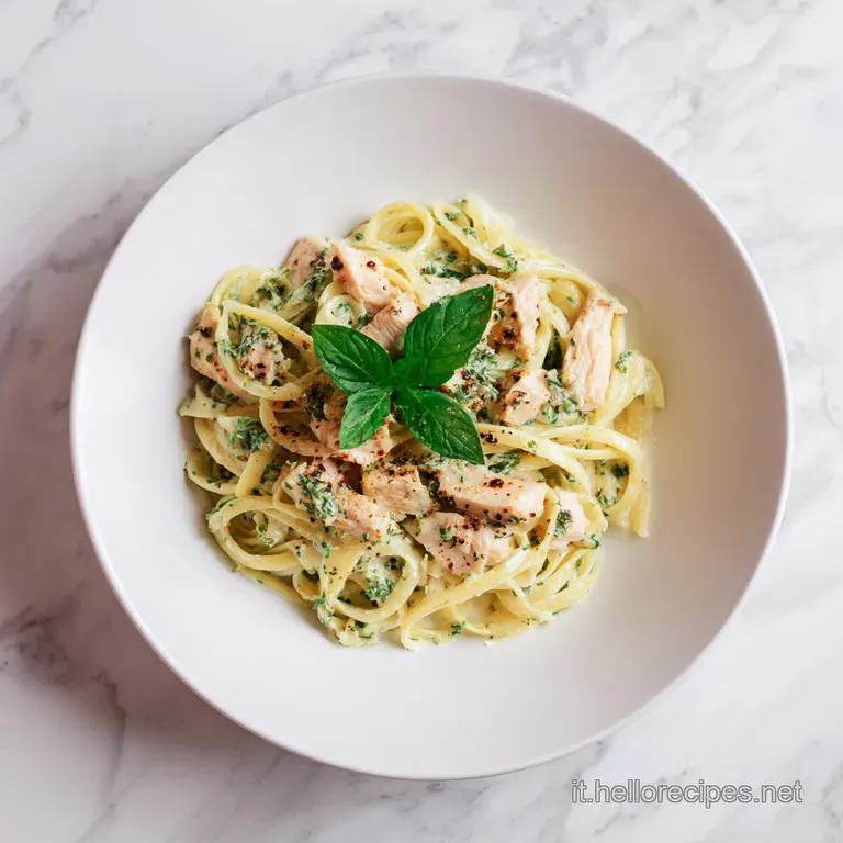 Elegant plate of pasta tossed with flaky fish; bright green mint leaves offer a fresh contrast to the golden pasta.