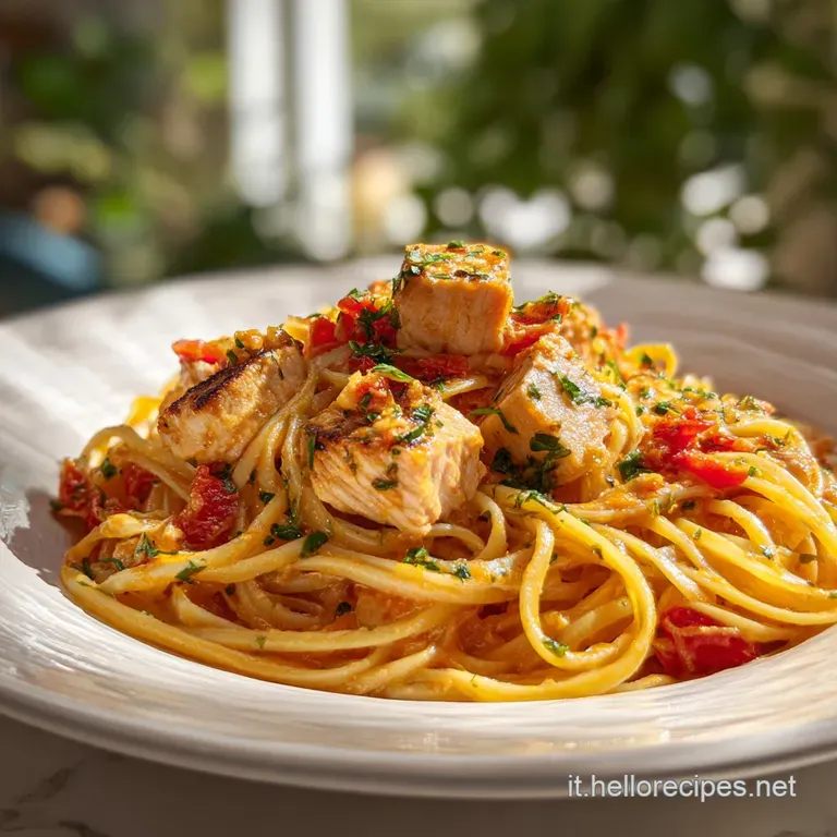 Elegant plate of twirled pasta and flaky swordfish, dotted with vibrant tomatoes and fresh basil, drizzled with oil.