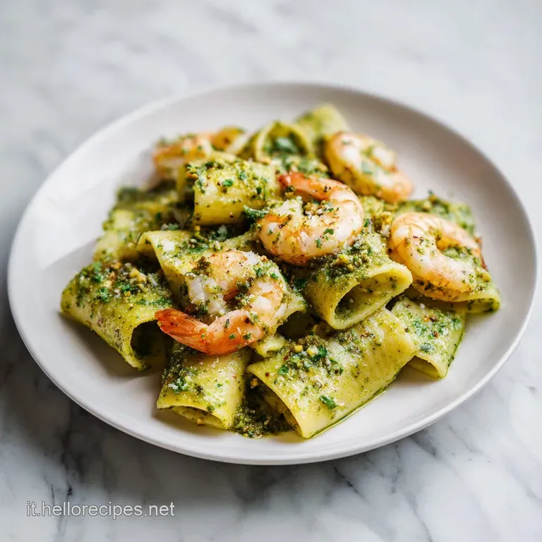 Elegant plate of pistachio pesto pasta with shrimp, artfully garnished with chopped pistachios and herbs, hinting at fresh...