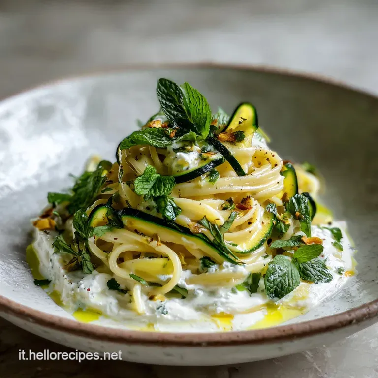 Elegant swirl of pasta topped with creamy ricotta, zucchini, and cracked black pepper on a bright white plate.