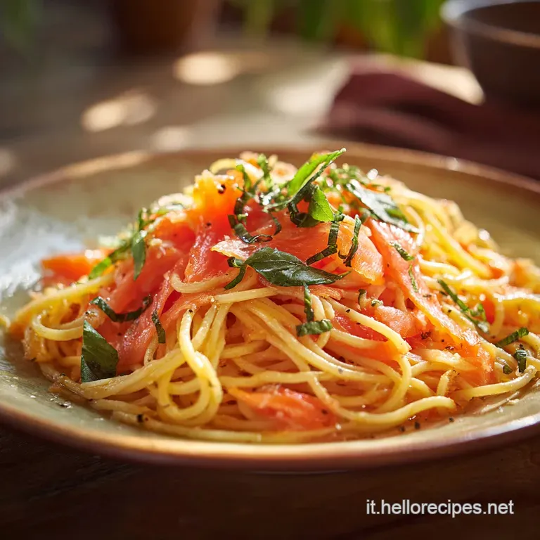 Elegant plate of twirled pasta, glistening with sauce, draped with delicate smoked salmon ribbons and fresh dill.