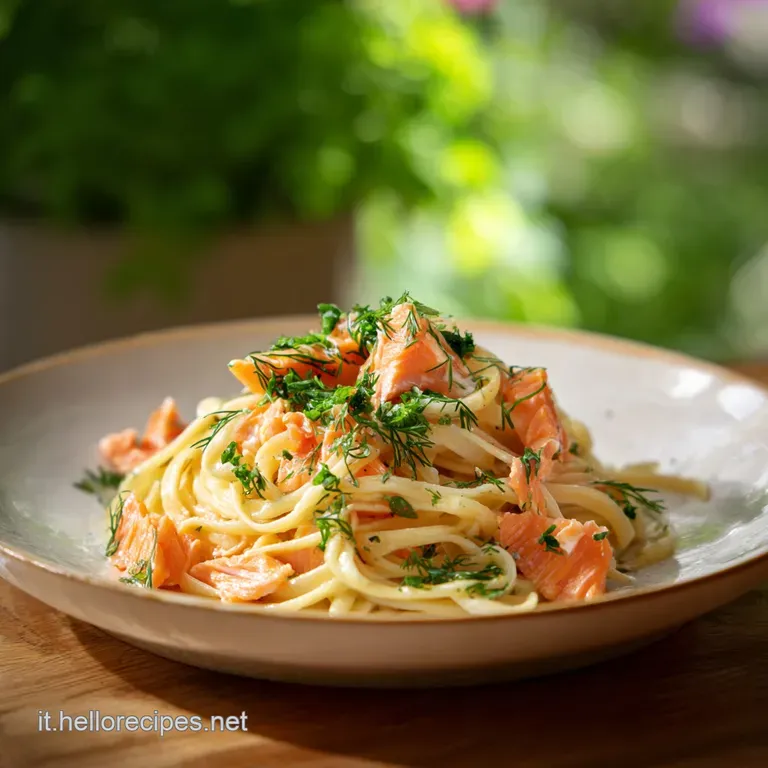 Elegantly swirled pasta topped with tender salmon flakes, vibrant herbs, and roasted tomatoes on a minimalist plate.