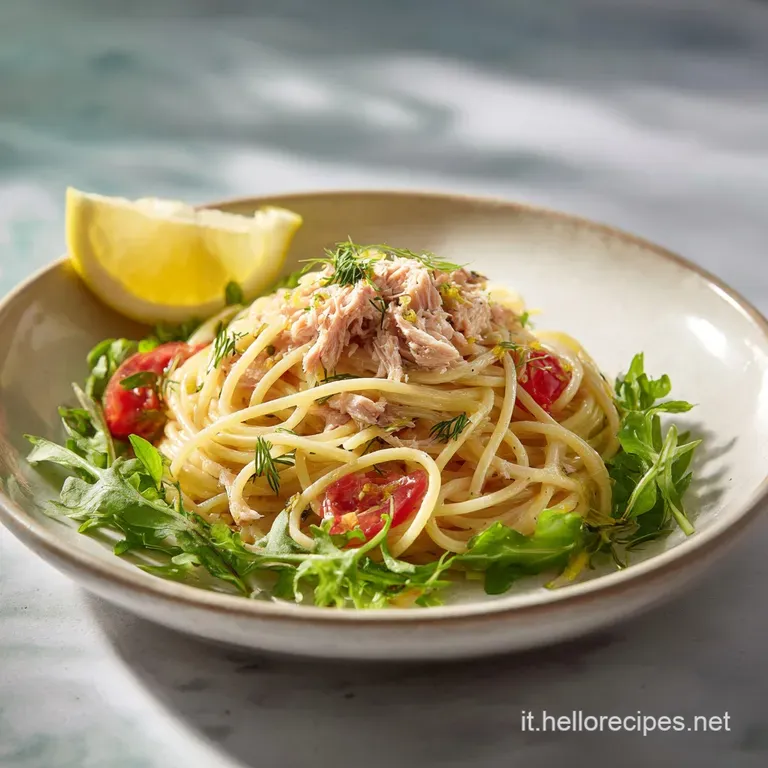 Perfectly twirled pasta with flaky tuna, bright lemon zest, and a drizzle of olive oil, artfully arranged on a white plate.