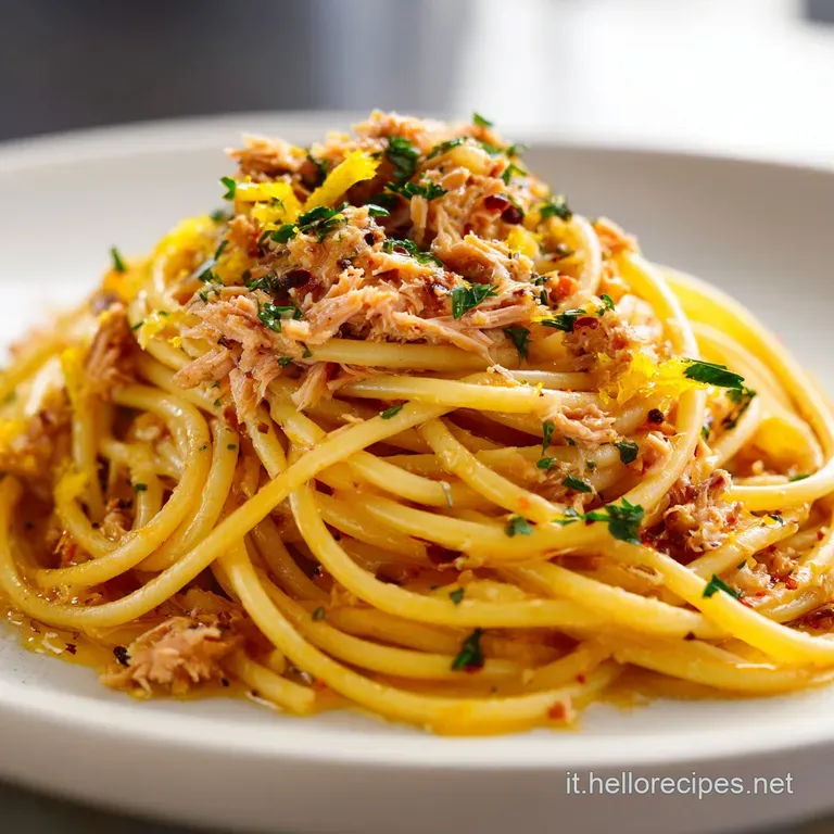Elegant plate of lemon tuna pasta with a sprinkle of fresh parsley and black pepper. A bright, flavorful, balanced meal.
