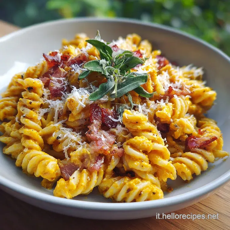 Elegant swirl of pasta coated in vibrant pumpkin sauce, topped with crunchy pancetta and fresh herbs on a white plate.