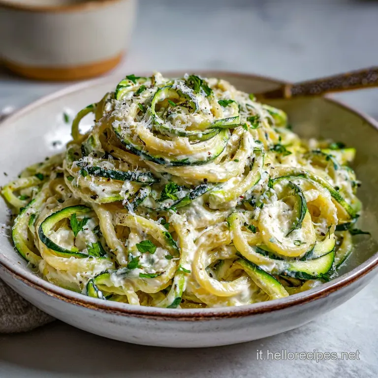 Elegant plate of twirled pasta, glistening with olive oil, dotted with soft ricotta, and ribbons of tender zucchini.