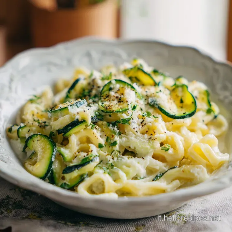 Elegant plating: twirled pasta nests dotted with zucchini ribbons and fluffy ricotta, drizzle of olive oil, herbs on a mod...