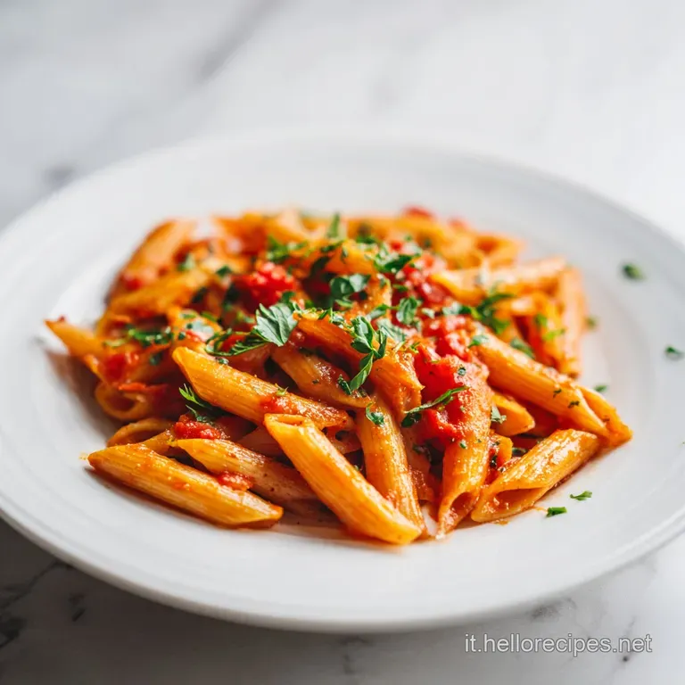 Penne arrabbiata elegantly plated with fresh basil garnish; vibrant red sauce contrasts against the white plate's smooth s...