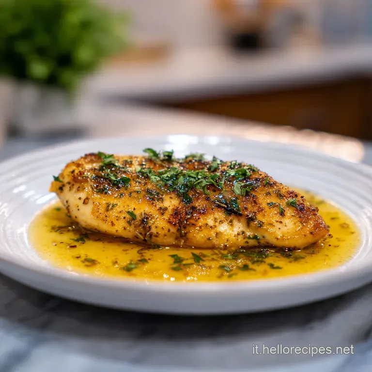 Golden-brown chicken breast bathed in a bright lemon sauce, plated elegantly with fresh herbs and vibrant green vegetables.
