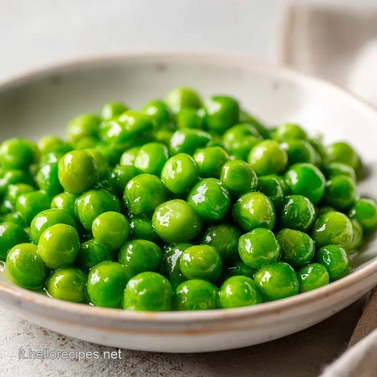 A spoonful of bright green peas, glistening and lightly sauced, rests on a white plate, a simple and elegant side dish.