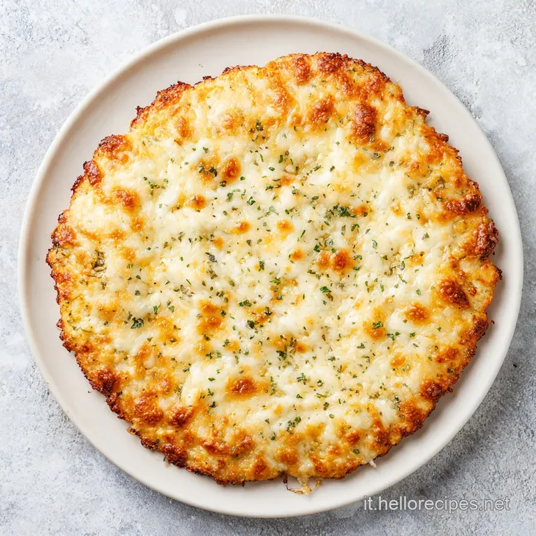 Fetta di pizza su piatto bianco, base rustica e croccante con formaggio fuso bianco e gocce di olio d'oliva lucido.