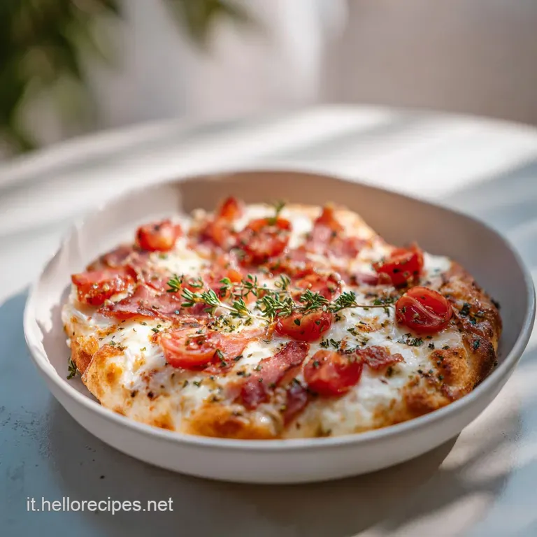 A single, perfectly baked pizzetta on a white ceramic plate, showcasing its airy, bubbly crust and colorful toppings.