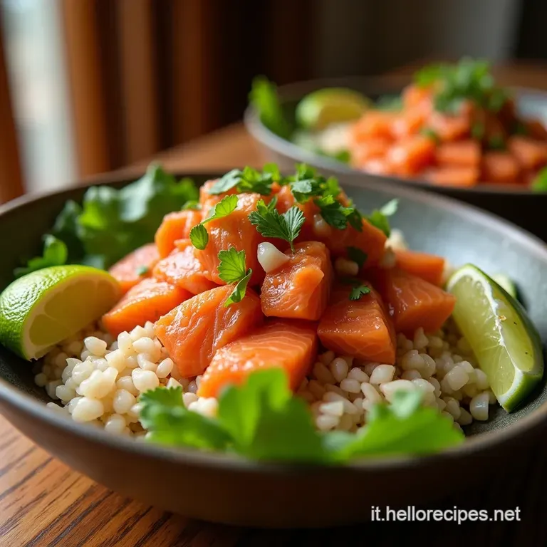 Hawaiano in Tavola Poke Bowl Di Salmone Marinato Al Lime E Salsa Soia Rivisitata presentation