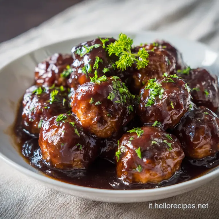 Perfectly round meatballs nestled in rich tomato sauce, artfully plated with a sprig of basil and a drizzle of olive oil.