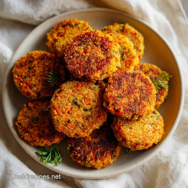 Neatly stacked carrot fritters, dusted with herbs, served on a white plate with a side of bright dipping sauce.