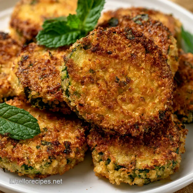 Polpette di colore giallo-oro disposte ordinatamente su un piatto di ceramica, guarnite con foglioline di menta fresca.
