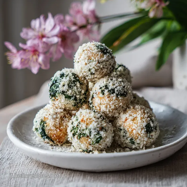A neat plate of verdant spinach and ricotta polpette swimming in a bright tomato sauce, basil leaf garnish, inviting steam.