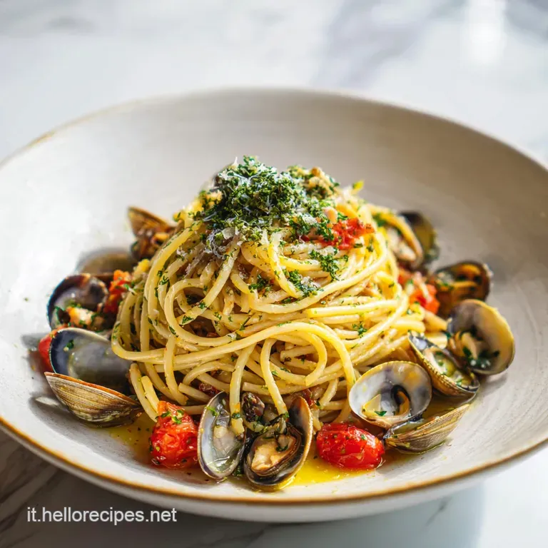 A beautifully plated seafood pasta, glistening with olive oil, herbs, and seafood, creating an elegant & appetizing presen...