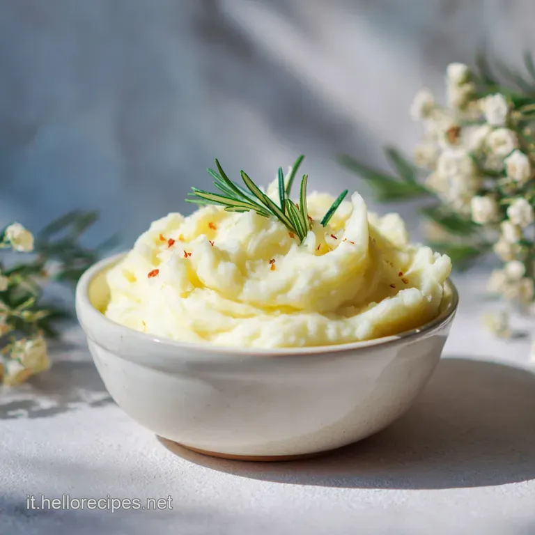 Elegant swirl of silky mashed potatoes on a white plate, glistening with butter, alongside a sprig of fresh thyme.