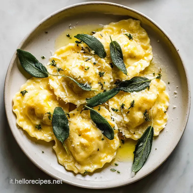Perfectly cooked ravioli, shiny with butter sauce, decorated with vibrant sage and a dusting of cheese in a shallow white ...