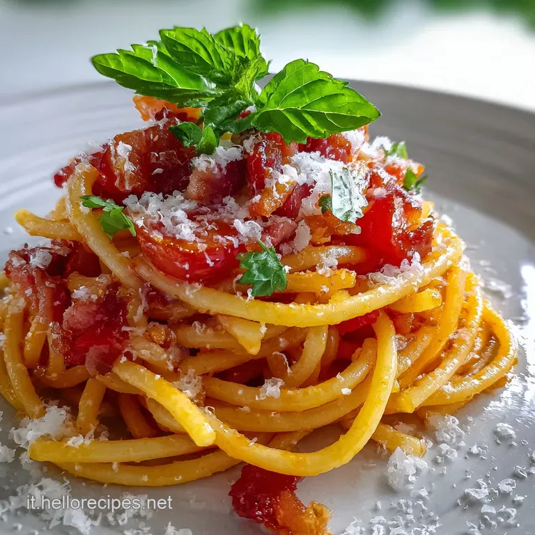 Elegant plate of Amatriciana: vibrant red sauce contrasts with white bowl, topped with coarsely grated cheese and rendered...