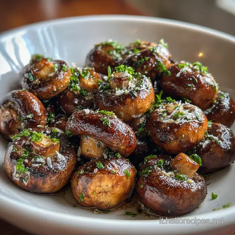 Elegant mound of trifolati mushrooms, glossy and rich, accented by bright green herbs on a crisp white plate. Light steam ...
