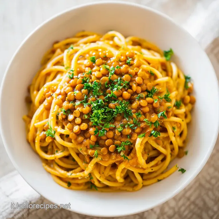 Elegant portion of pasta e lenticchie in a shallow bowl, garnished with fresh parsley & drizzle of olive oil, inviting and...