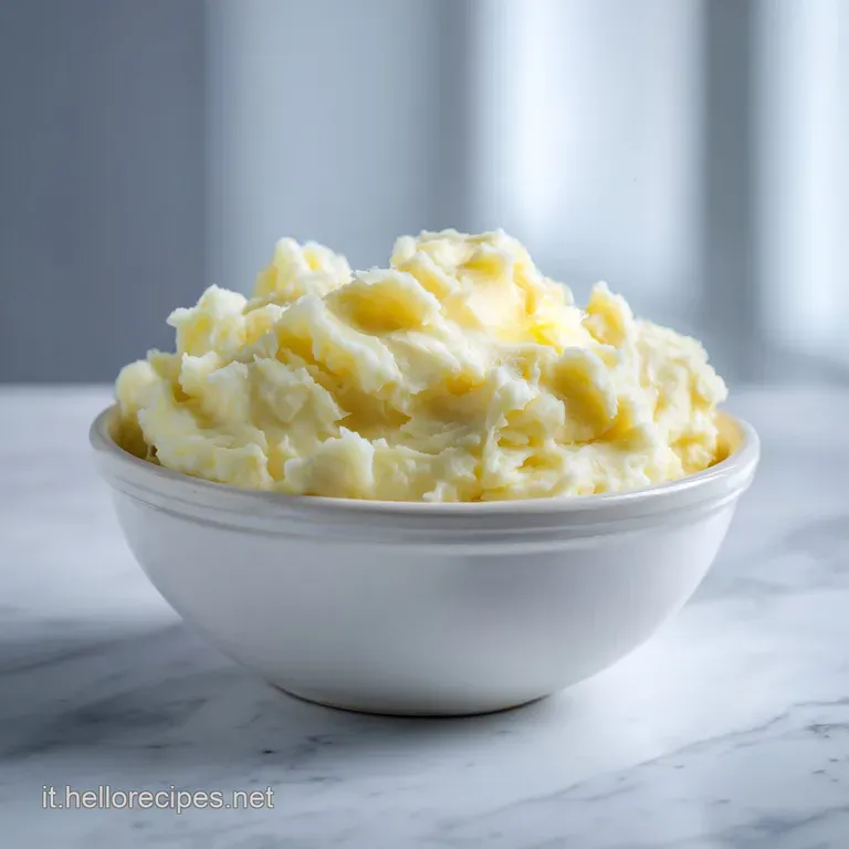 Elegant mound of velvety mashed potatoes, garnished with fresh herbs, steaming gently on a bright white plate. Light refle...