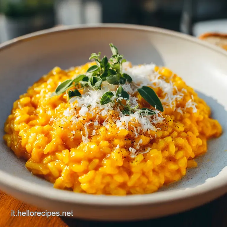 A swirl of rich, saffron-hued risotto, topped with toasted pumpkin seeds and a delicate drizzle of olive oil, elegantly pl...