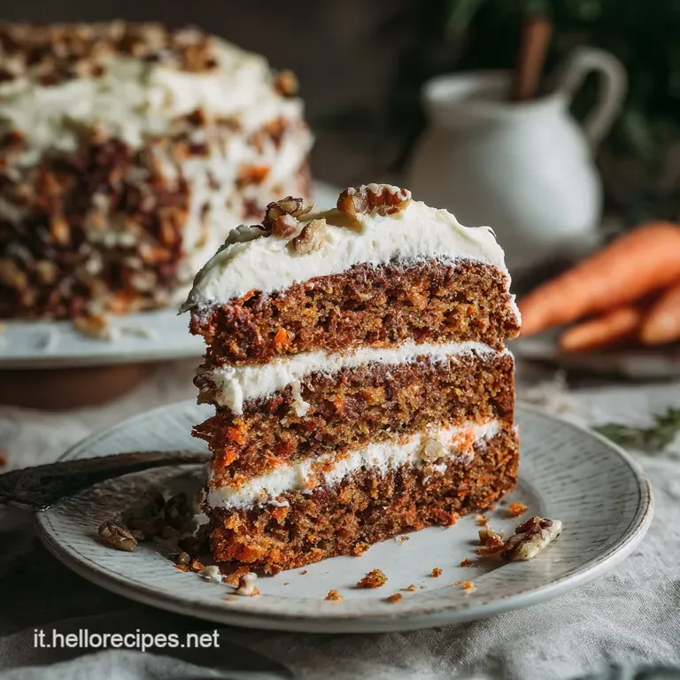 Slice of moist carrot cake with creamy frosting, garnished with a sprig of rosemary. Plate is white. Light and bright.