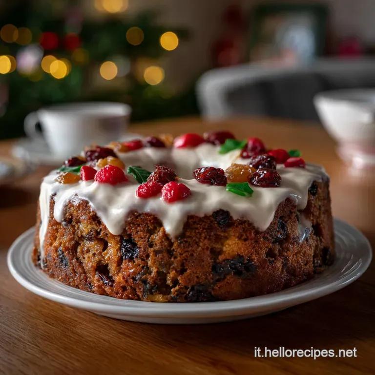 Slice of Christmas cake artfully presented on a delicate plate, garnished with sugared cranberries and a sprig of fresh ro...