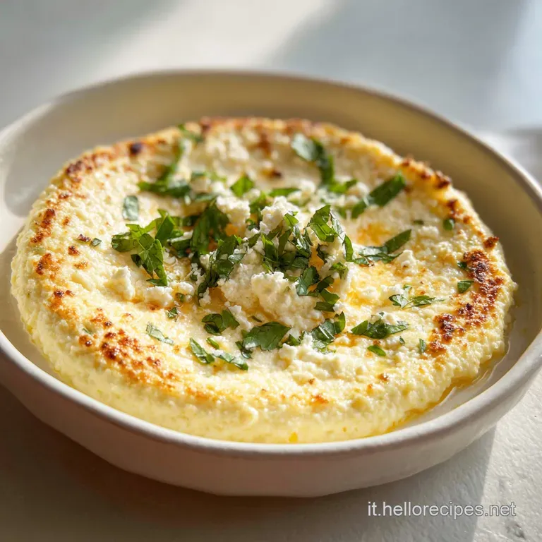 Creamy baked ricotta, artfully plated with a drizzle of oil and scattering of fresh herbs. Elegant Italian comfort food.