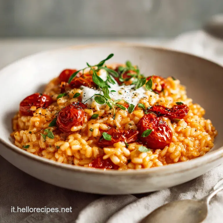 Elegant plate of creamy tomato risotto, garnished with a dollop of ricotta and cracked pepper, steaming slightly, inviting...