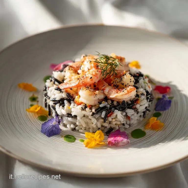 Elegant plate of jet-black rice and tender shrimp, artfully garnished with sprigs of fresh herbs. Creamy sauce pools at th...