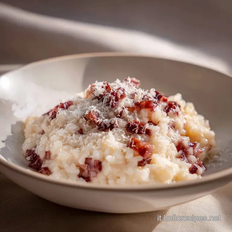Elegant plate of rosy risotto topped with radicchio. Steam rises, hinting at its warmth. A drizzle of oil adds a sheen.