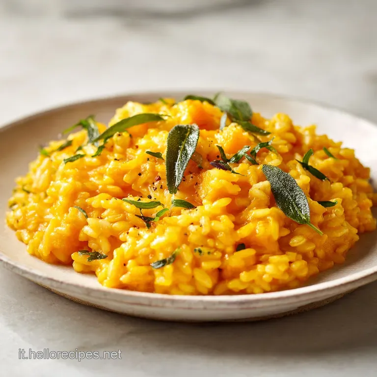 Elegant plate of vibrant orange risotto, topped with crispy sage leaves and a drizzle of olive oil. A refined presentation.