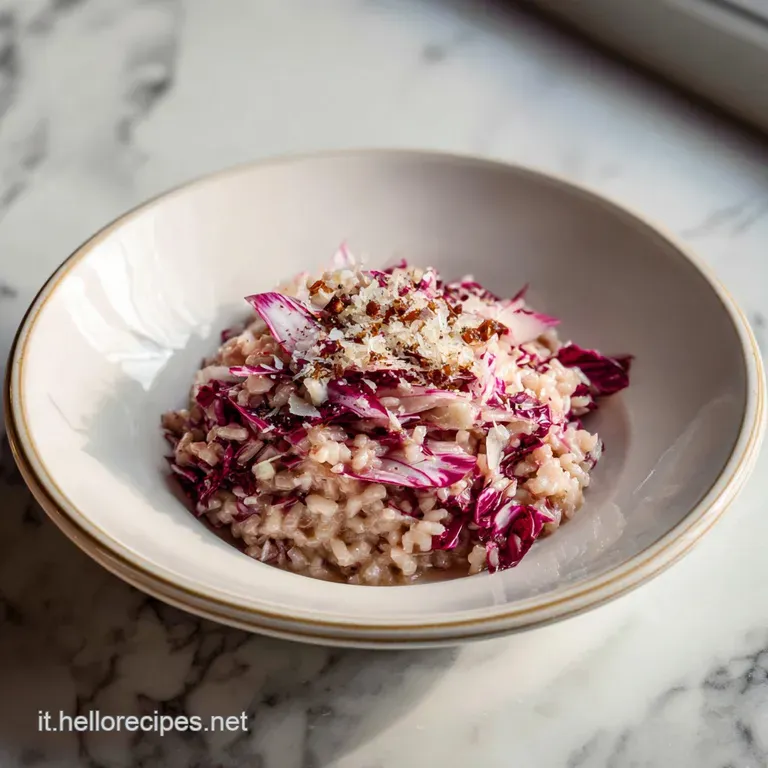 A beautifully plated swirl of risotto, flecked with radicchio & melted gorgonzola, inviting warmth rises from the plate.
