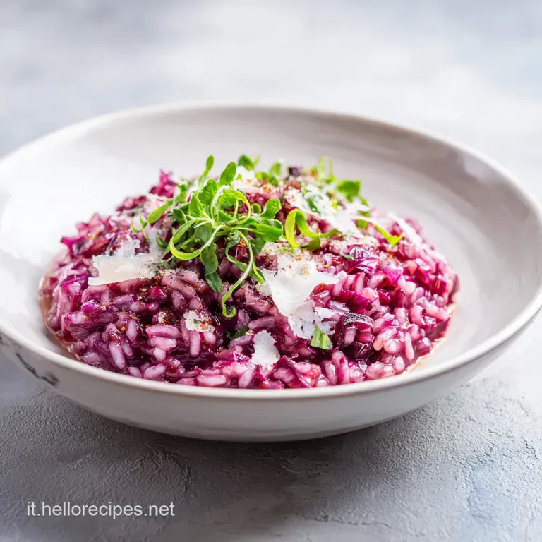 Elegant plate of radicchio risotto with a swirl of olive oil and a dusting of Parmesan cheese. Soft lighting highlights th...