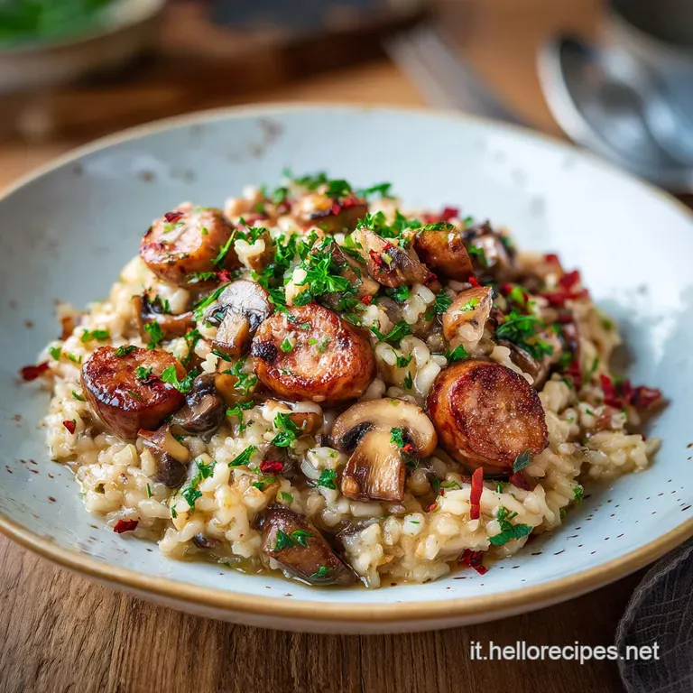 Elegant plate of creamy risotto, topped with crumbled sausage, sliced mushrooms, and a sprinkle of fresh parsley.